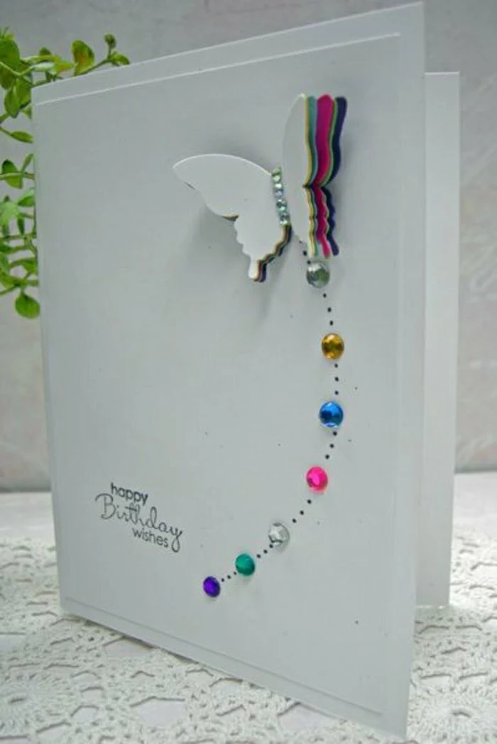 colourful butterfly, colourful beads, card making ideas, happy birthday wishes, white card stock