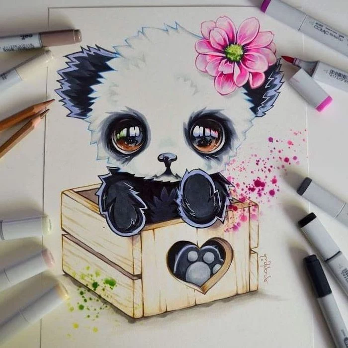 small panda, inside a wooden crate, how to draw easy things, colourful drawing, made with markers, things to draw when bored step by step