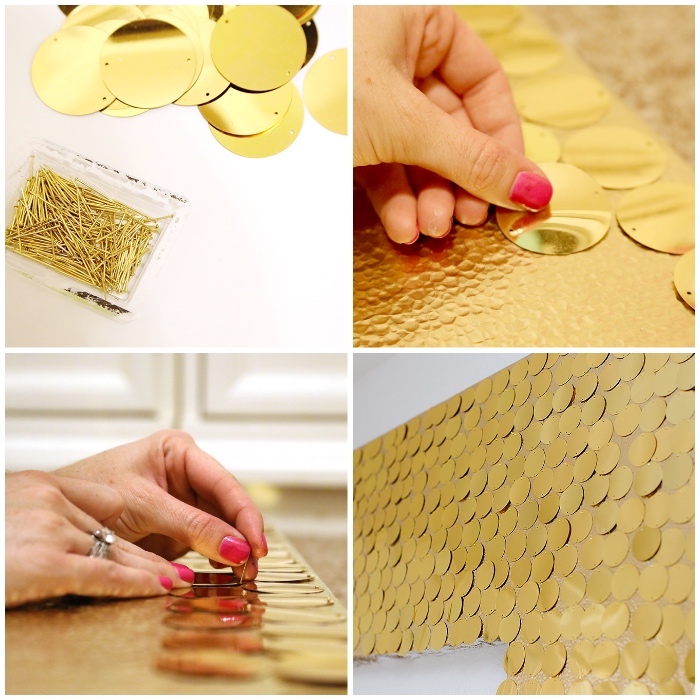 step by step, diy tutorial, gold sequins, pinned to a board, home wall decor, side by side pictures