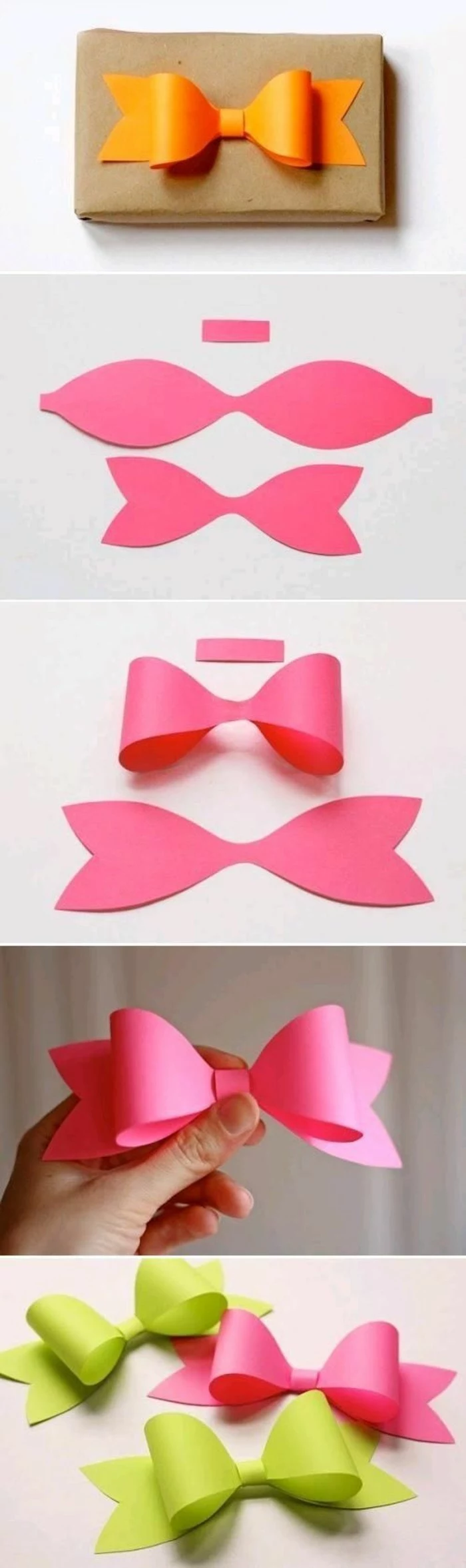 pink orange and green paper bow, step by step, diy tutorial, cute gift ideas for boyfriend, brown wrapping paper