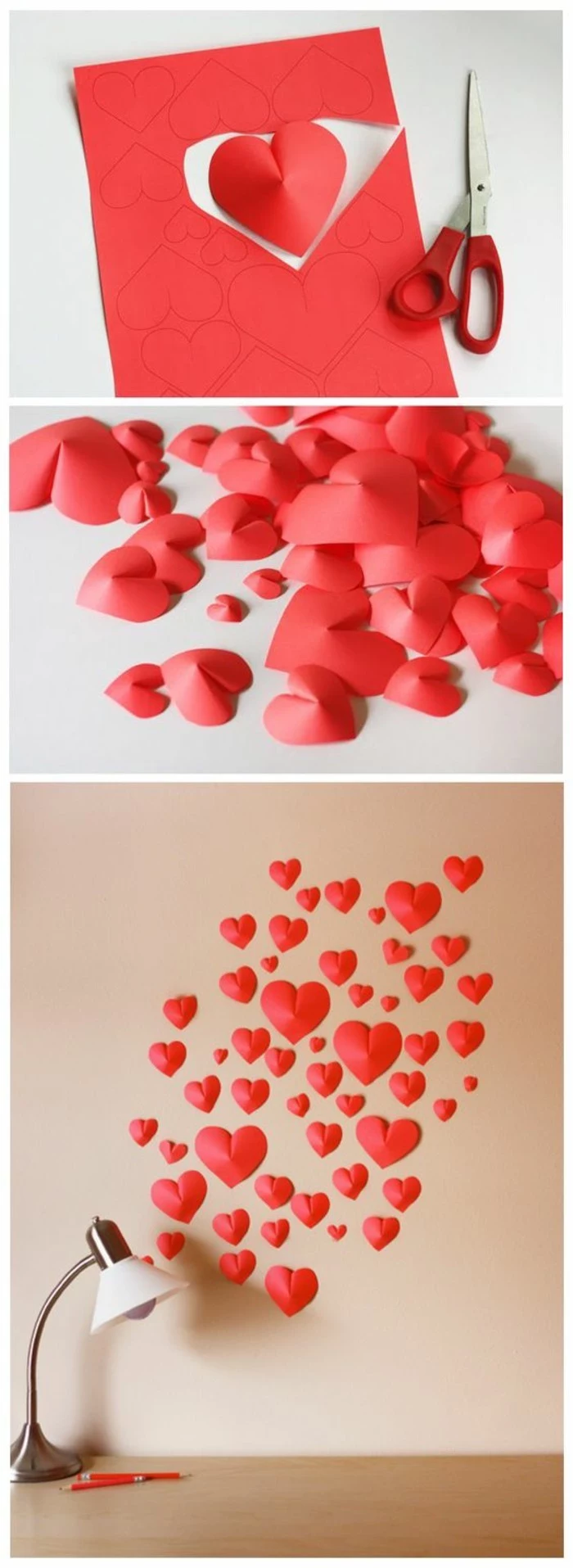 red paper hearts, arranged together on a beige wall, diy living room decor, over a wooden desk