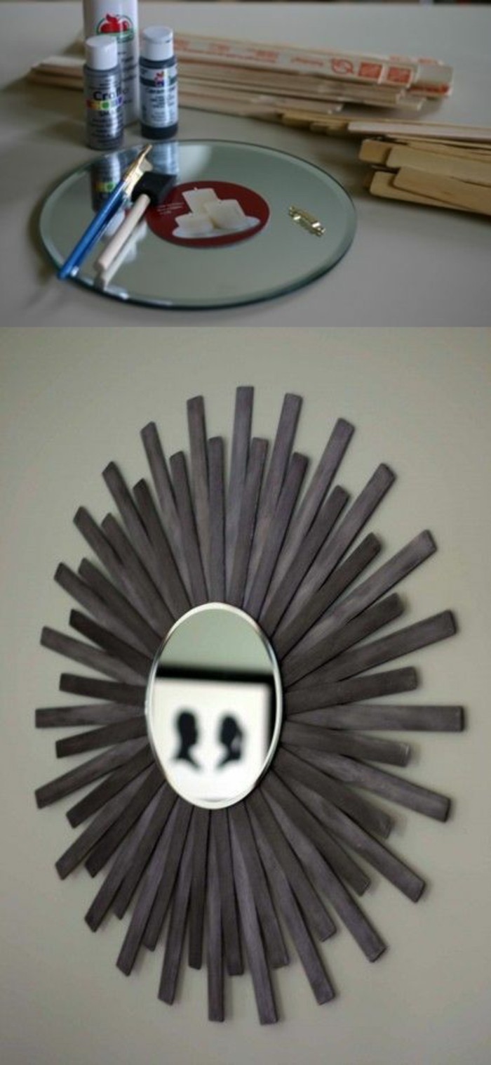 grey wooden sticks, forming a frame, around a mirror, diy living room decor, diy tutorial