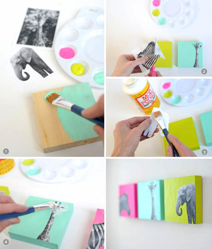 diy tutorial, step by step, girls wall decor, painted wooden blocks, glued animal photos on them