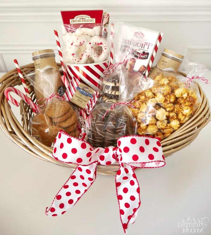 snacks gift basket, wooden basket, funny housewarming gifts, caramel popcorn, pretzels and cookies
