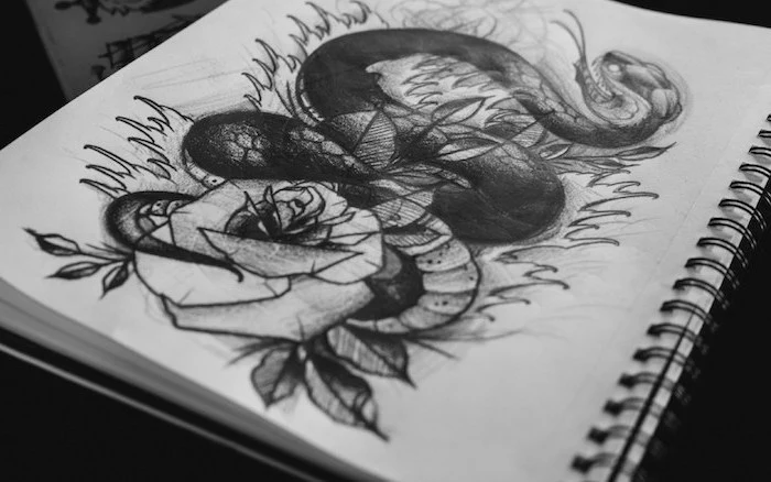 snake and a rose, tattoo inspiration, black and white, pencil sketch, how to draw easy things