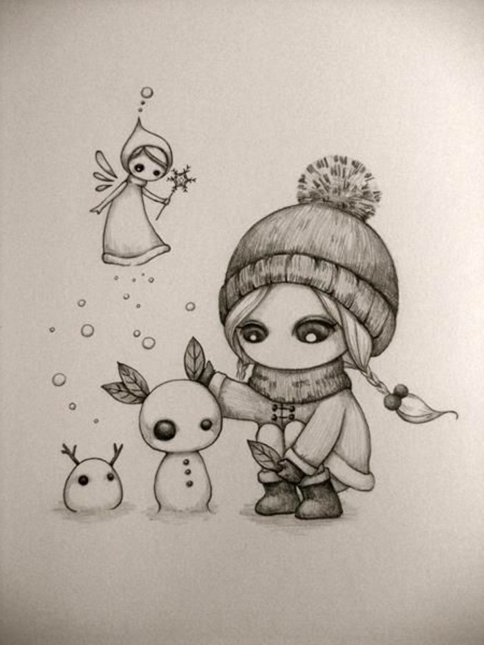 girl building a snowman, black and white, pencil sketch, easy things to draw