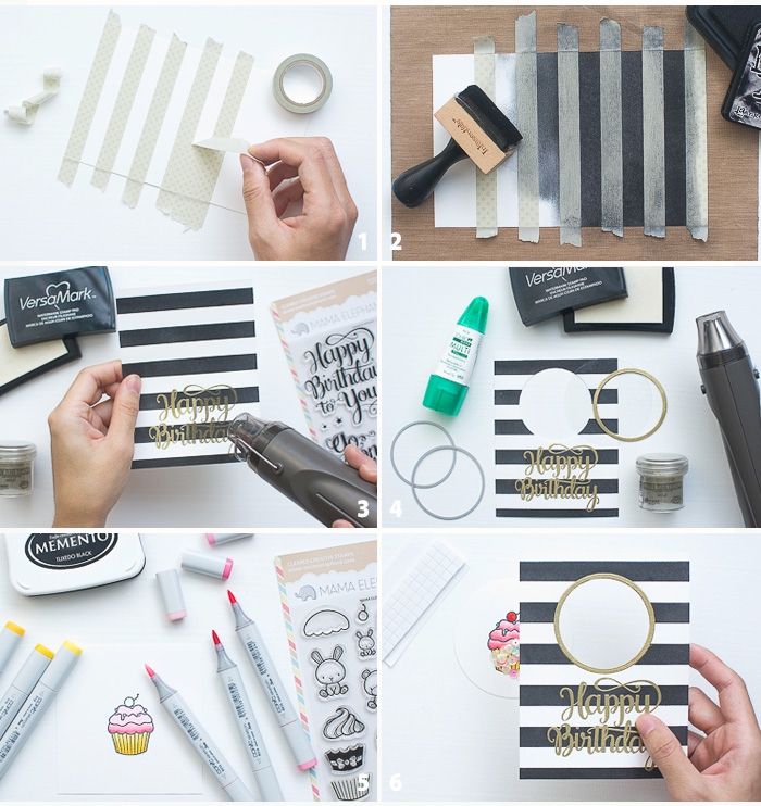 diy pop up cards, step by step, diy tutorial, black and white stripes, gold happy birthday inscription