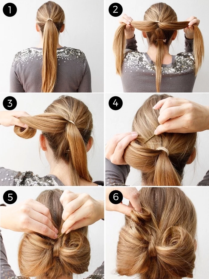 bow bun, step by step, diy tutorial, hairstyles for homecoming, blonde hair, in a low updo
