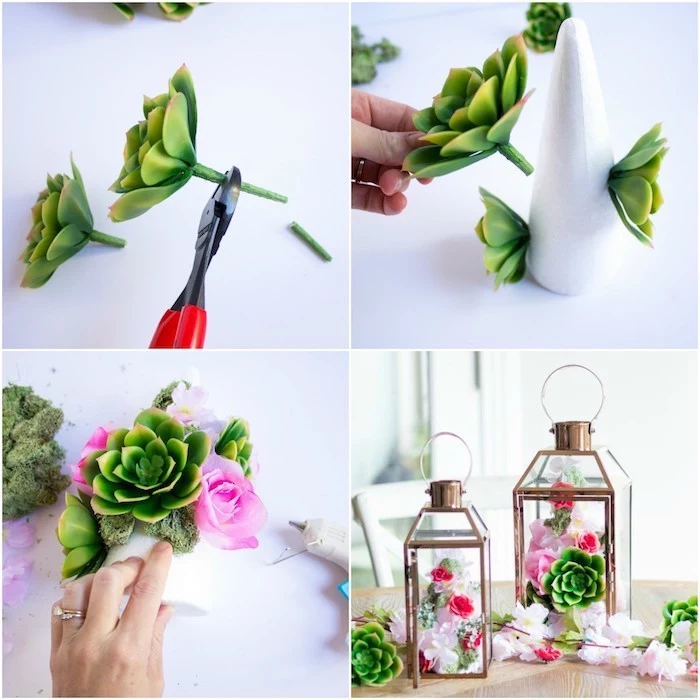 metal lantern, flowers and succulents inside, funny housewarming gifts, step by step, diy tutorial