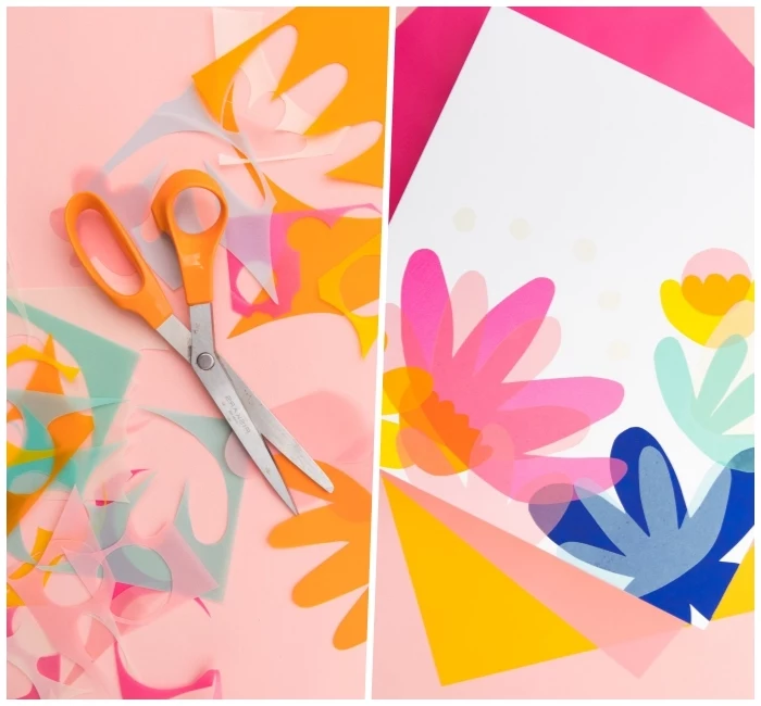 step by step, diy tutorial, wall decor ideas, colourful paper, cut up in different shapes, glued to a white canvas