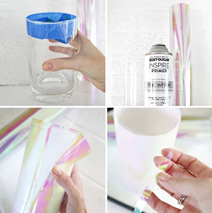 glass vase, covered in monochromatic foil, table setting ideas, step by step, diy tutorial, white background