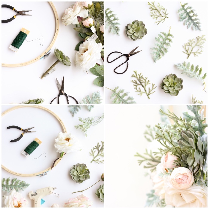 step by step, diy tutorial, bedroom wall decor ideas, greenery and succulents, blush flowers and scissors
