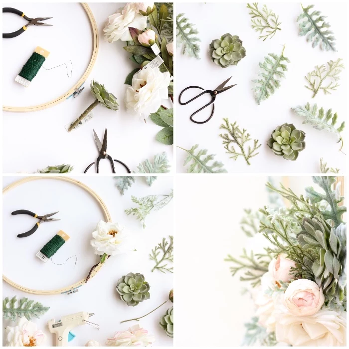 step by step, diy tutorial, bedroom wall decor ideas, greenery and succulents, blush flowers and scissors