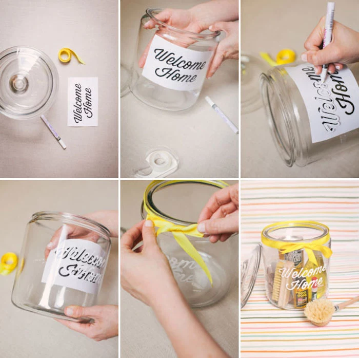 good housewarming gifts, large cookie jar, welcome home sign, yellow ribbon, diy tutorial, step by step