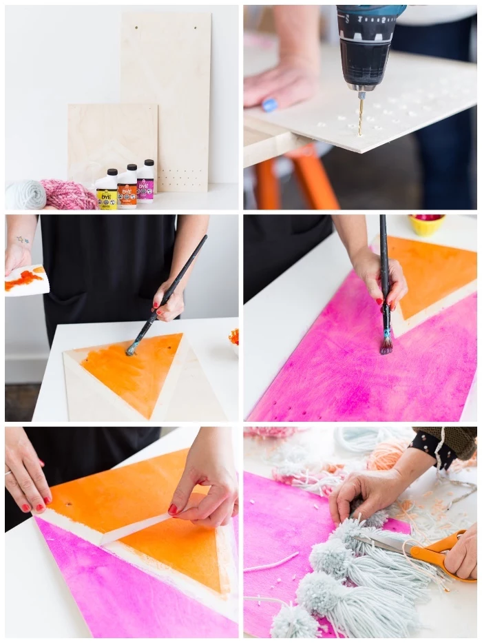 step by step, diy tutorial, large wall decor, pink and orange paint, macrame tassel, wooden boards