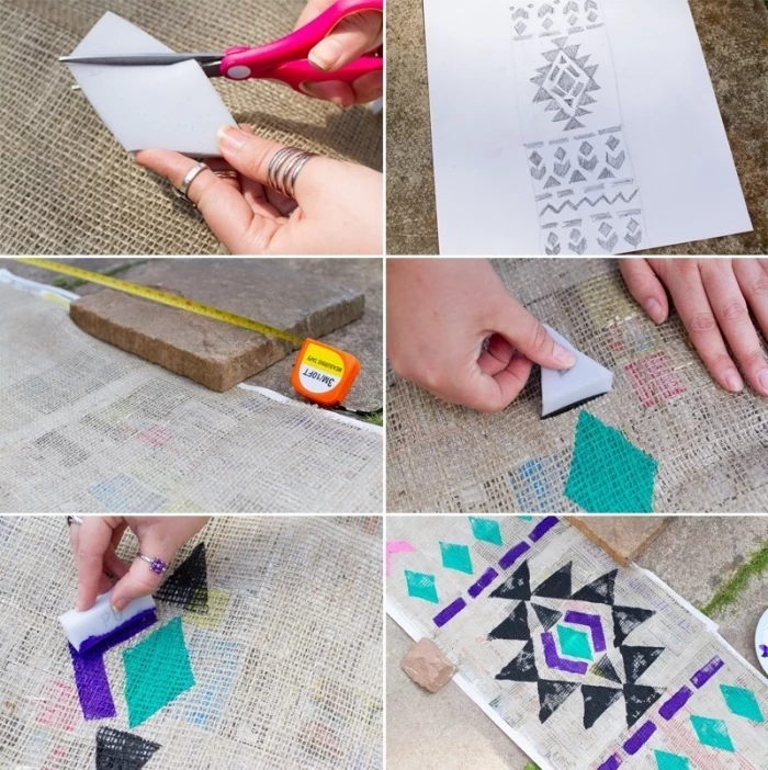 patterned linen, table runner, step by step, diy tutorial, dining table decor, purple and turquoise paint