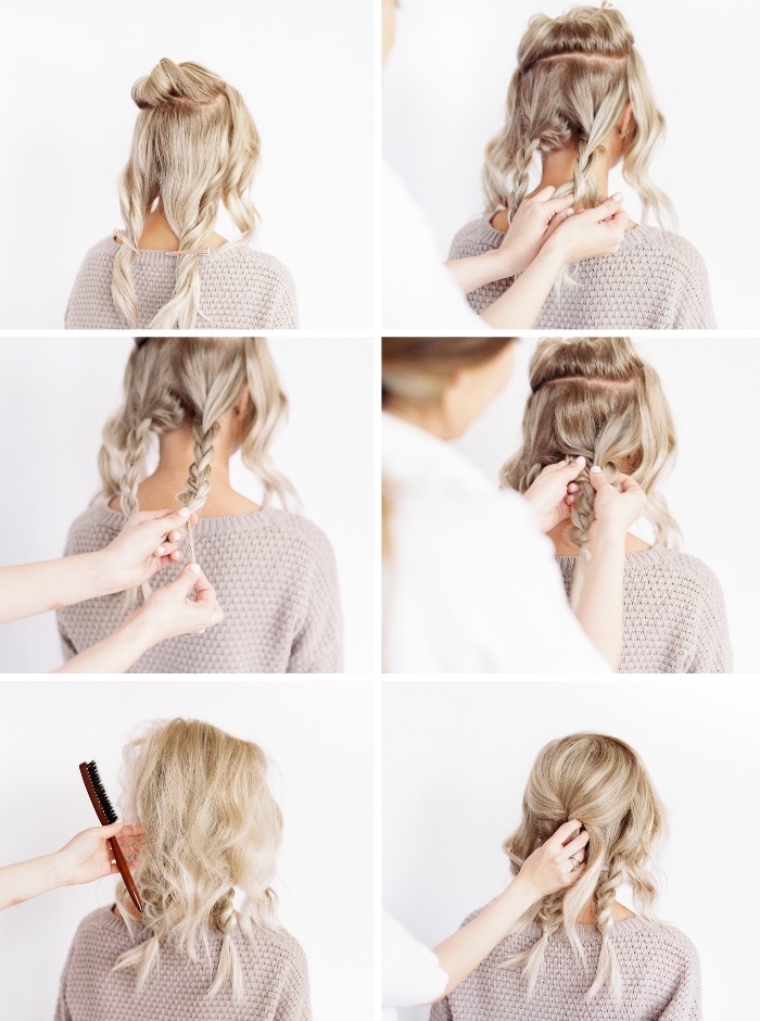 step by step, diy tutorial, updos for long hair, side by side pictures, blonde hair, with braids