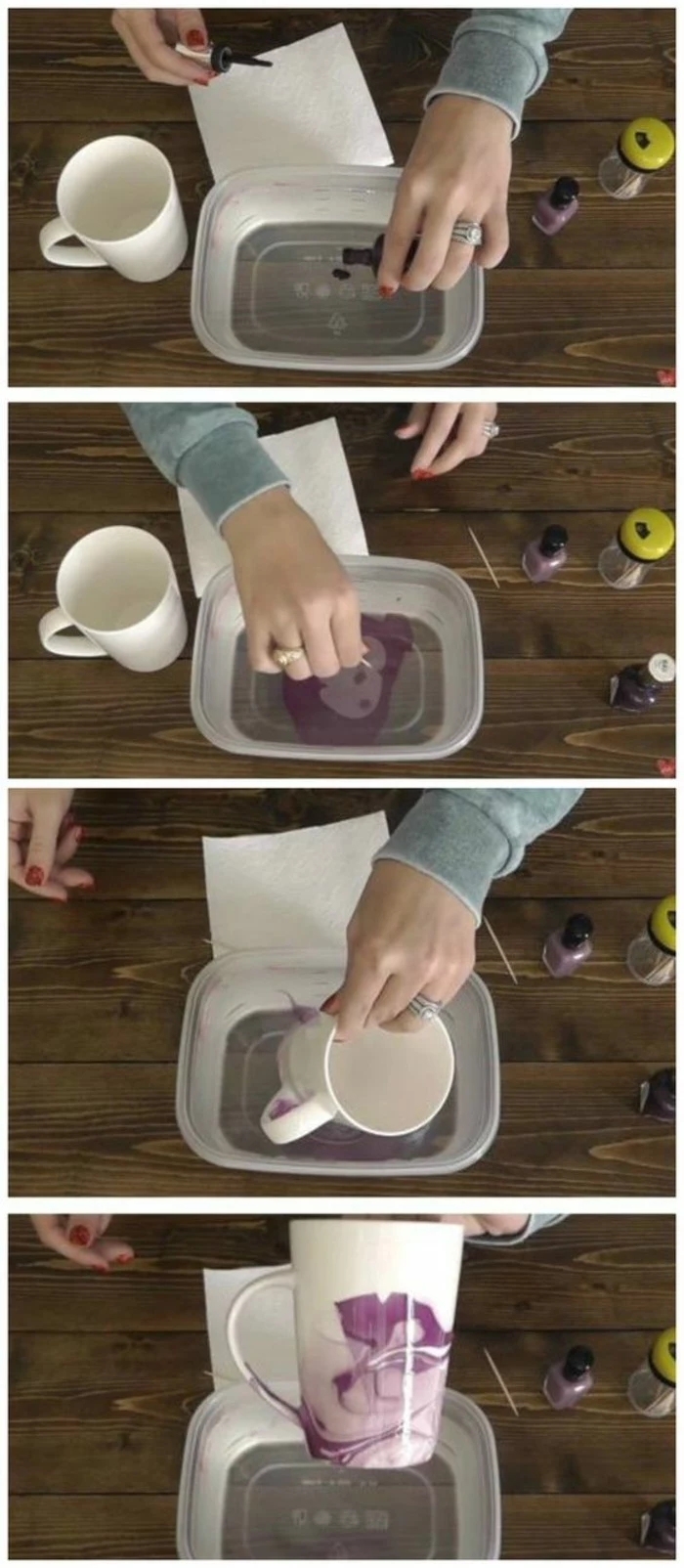 plastic container, purple nail polish, crafty christmas gifts, white coffee mug, diy tutorial, step by step