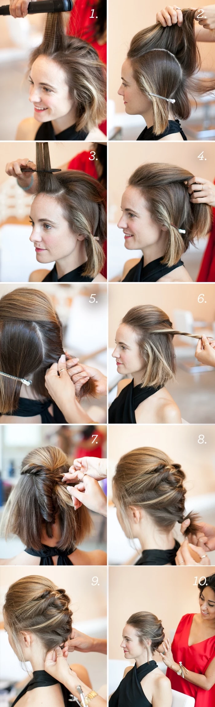 braided low updo, brown hair, with highlights, half up half down prom hair, step by step, diy tutorial