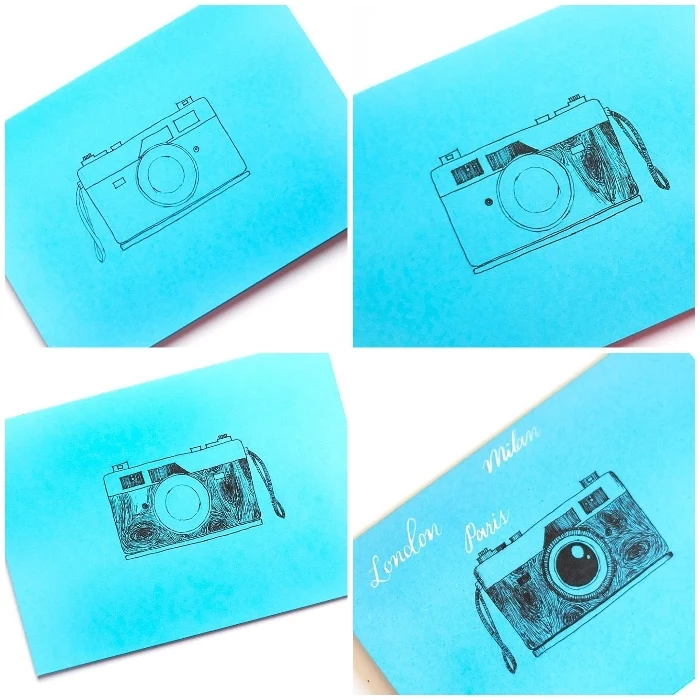 blue card stock, vintage camera, drawn on it, cute birthday cards, white background, diy tutorial, step by step