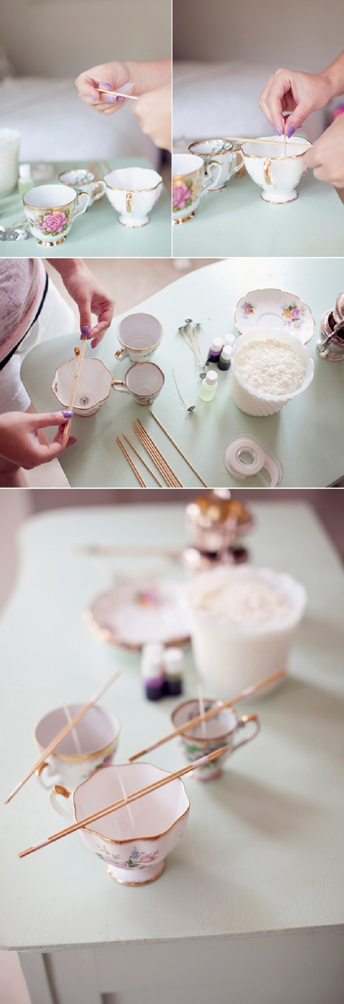 traditional housewarming gifts, vintage teacup candles, diy tutorial, step by step