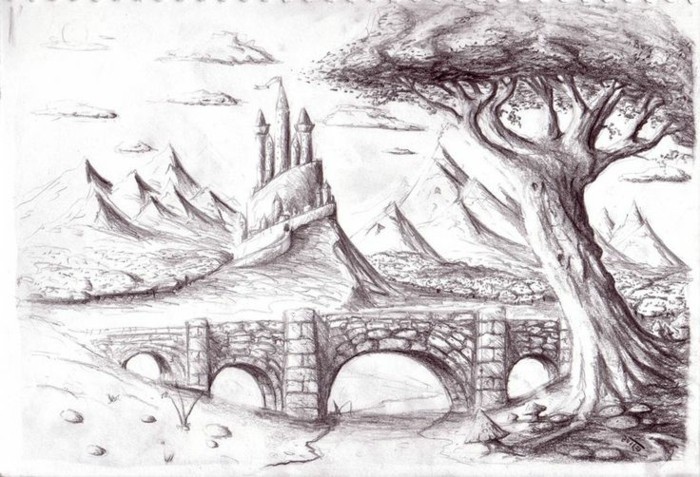 mountain landscape, how to draw a face, rock bridge, castle in the background, black and white, pencil sketch