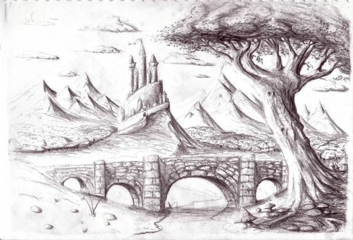 mountain landscape, how to draw a face, rock bridge, castle in the background, black and white, pencil sketch