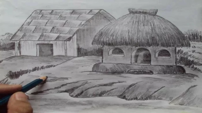 straw hut, how to draw a face, black and white, pencil sketch