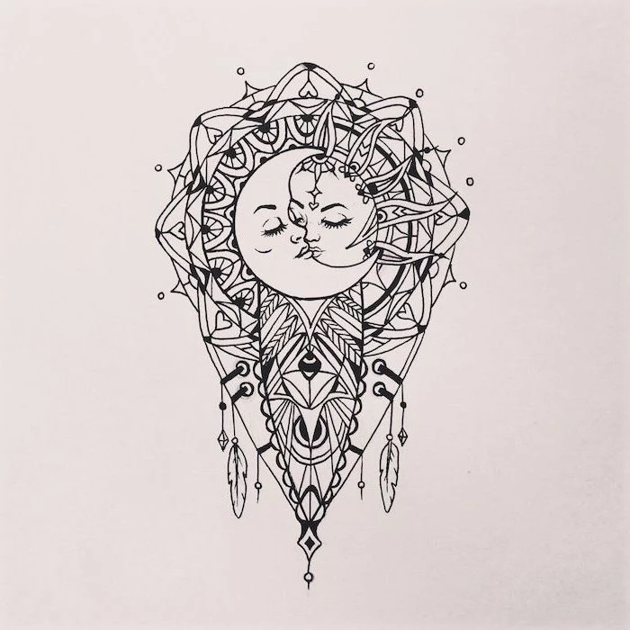 sun and moon kissing, black and white drawing, mandala wrist tattoo, white background