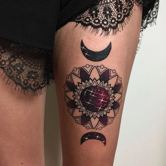 moon and sun, thigh tattoo, black lace shorts, mandala wrist tattoo, white background