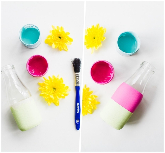 blue and pink paint, yellow flowers, glass bottles, dining room centerpieces, white background, diy tutorial