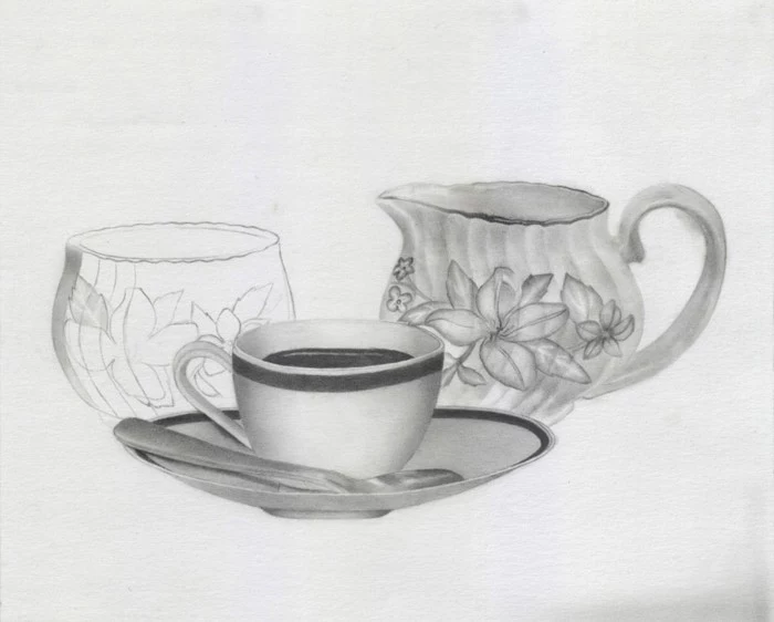 tea cup, sugar bowl, pencil sketch, in black and white, how to draw a face