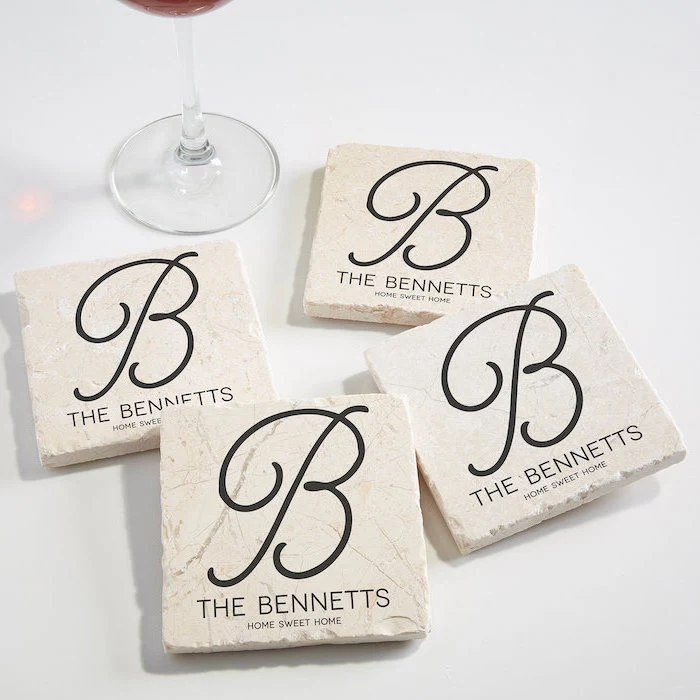 personalised coasters, the bennetts, housewarming ideas, wine glass, white countertop