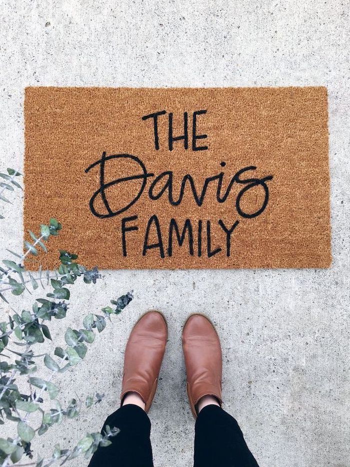 the davis family, door mat, funny housewarming gifts, brown leather boots