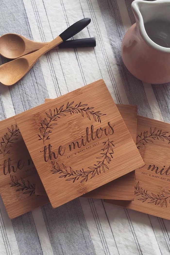 personalised cutting boards, the millers, housewarming ideas, wooden spatulas, white pitcher