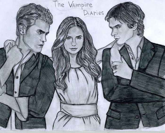 the vampire diaries inspired, black and white, pencil sketch, how to draw easy things, paul wesley, nina dobrev, ian somerhalder