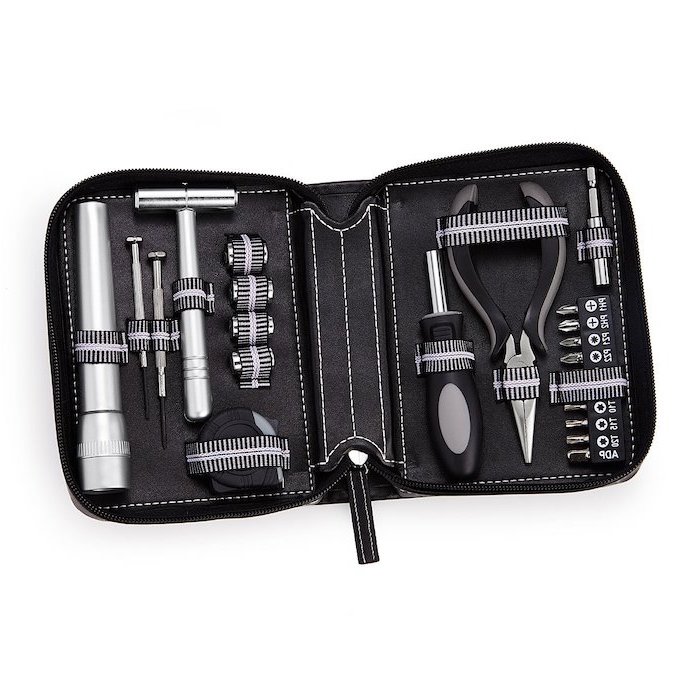 tool kit, house warming present, flashlight and hammer, screwdriver and pliers, leather pouch