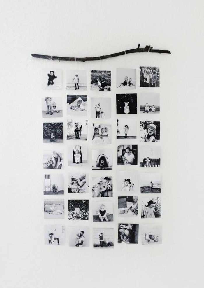 black and white photos, hanging from a tree branch, on a white wall, girl wall decor