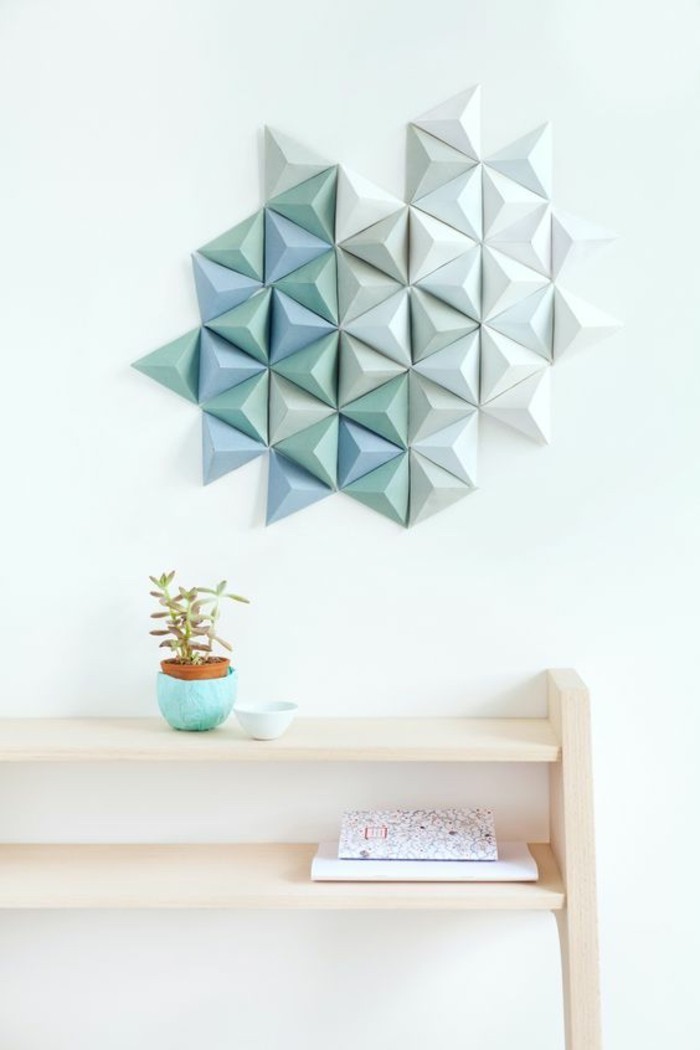 geometrical design, paper triangles, how to decorate a wall, painted in blue and turquoise, on a white wall