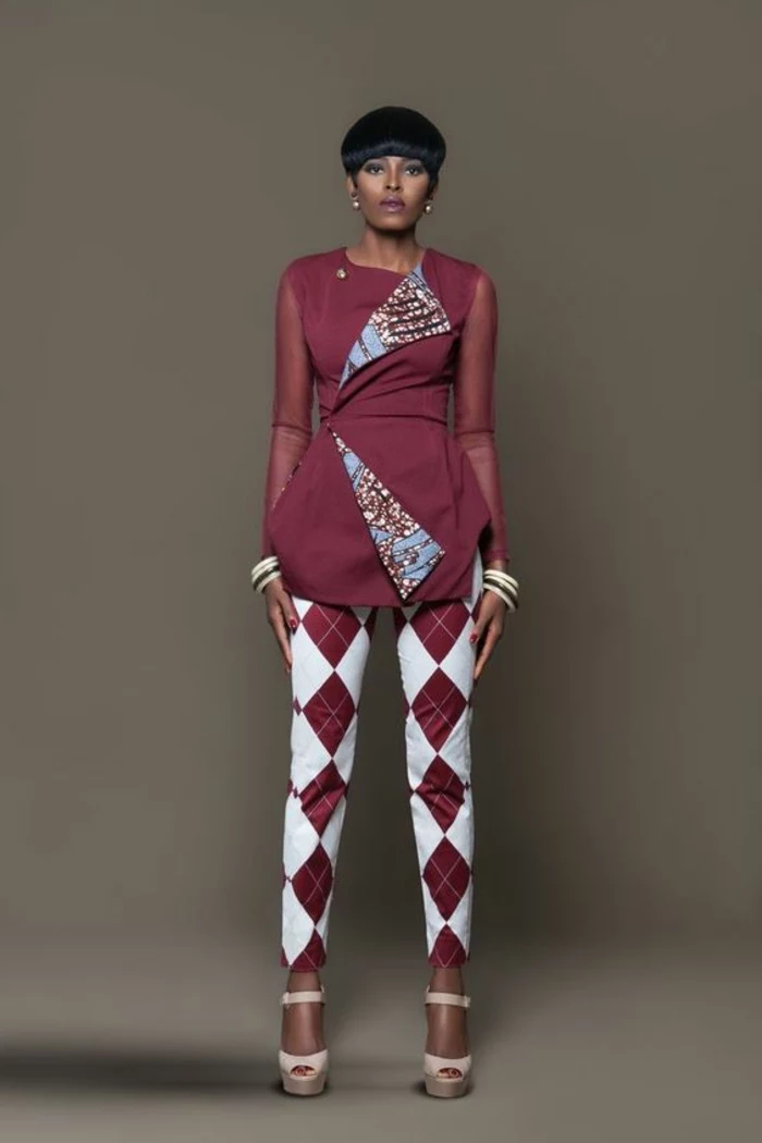 short black hair, african print maxi dresses, printed trousers and blazer, nude high heel sandals
