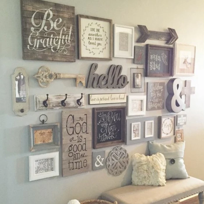 rustic style, wooden frames, inspirational quotes, how to decorate a wall, arranged together on a grey wall