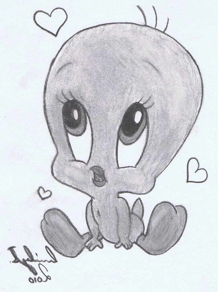 tweety inspired, black and white, pencil sketch, how to draw step by step for beginners