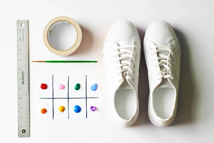 white sneakers, step by step, diy tutorial, thoughtful gifts, different coloured, acrylic paint