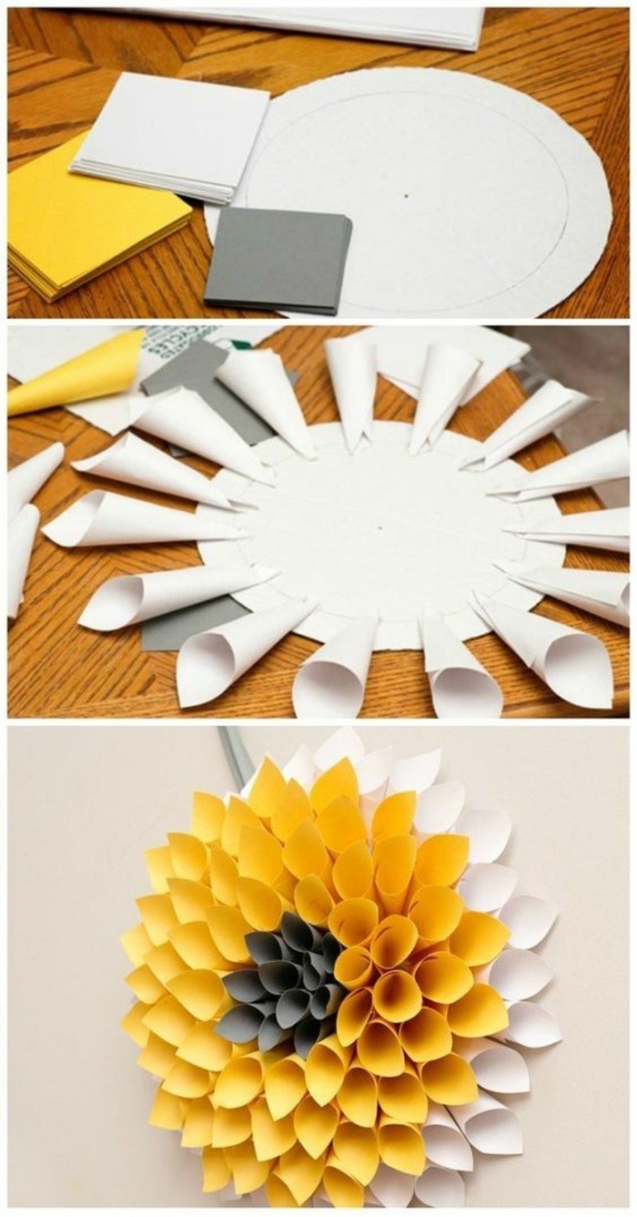 yellow paper sunflower, large wall art ideas, step by step, diy tutorial, white orange and grey paper