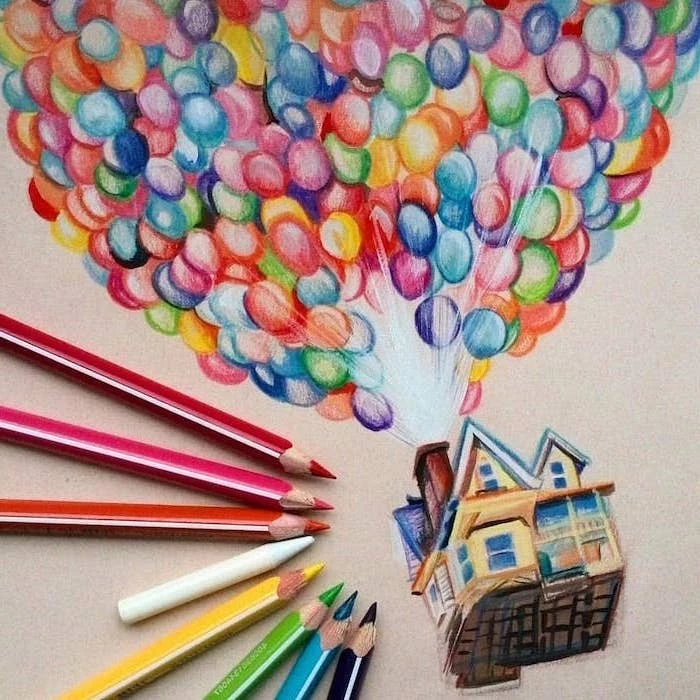 up movie inspired, coloured pencils sketch, easy drawings step by step, many colourful balloons