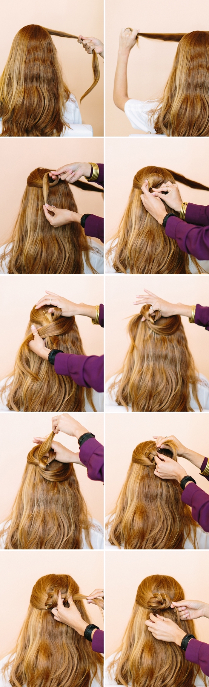 prom hairstyles half up half down, step by step, diy tutorial, long blonde hair, in a small bun