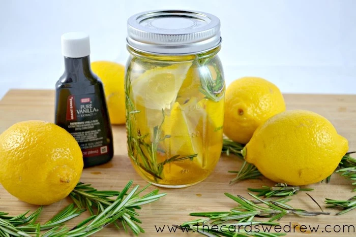 lemons in water, rosemary branches, inside a mason jar, best housewarming gifts, diy air freshener