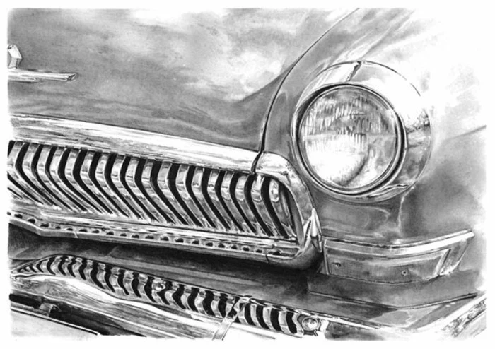 vintage car, front headlight, step by step drawing, black and white, pencil sketch