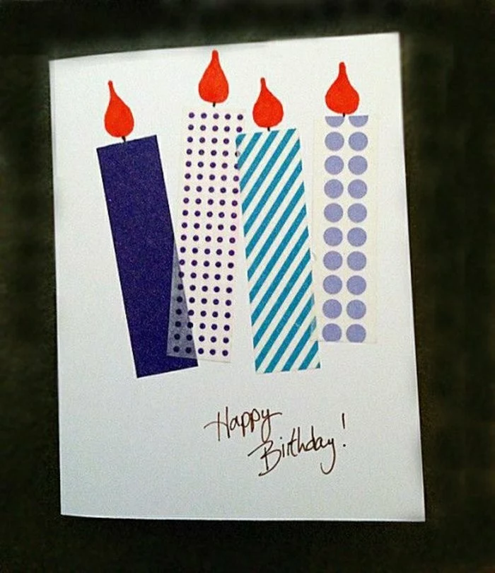 funny bday cards, colourful candles, made out of washi tape, on white card stock, black background