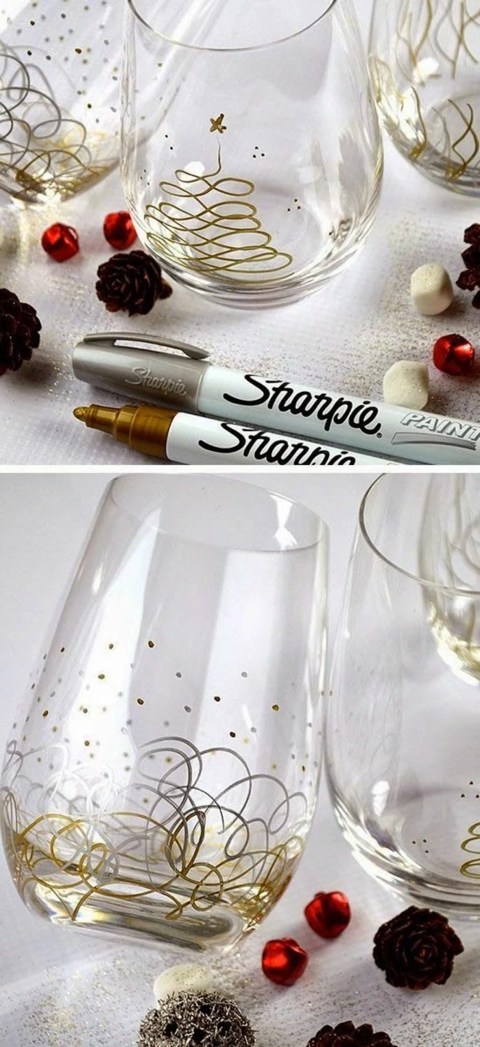 water glasses, decorated with gold sharpie, crafty christmas gifts, diy water glasses